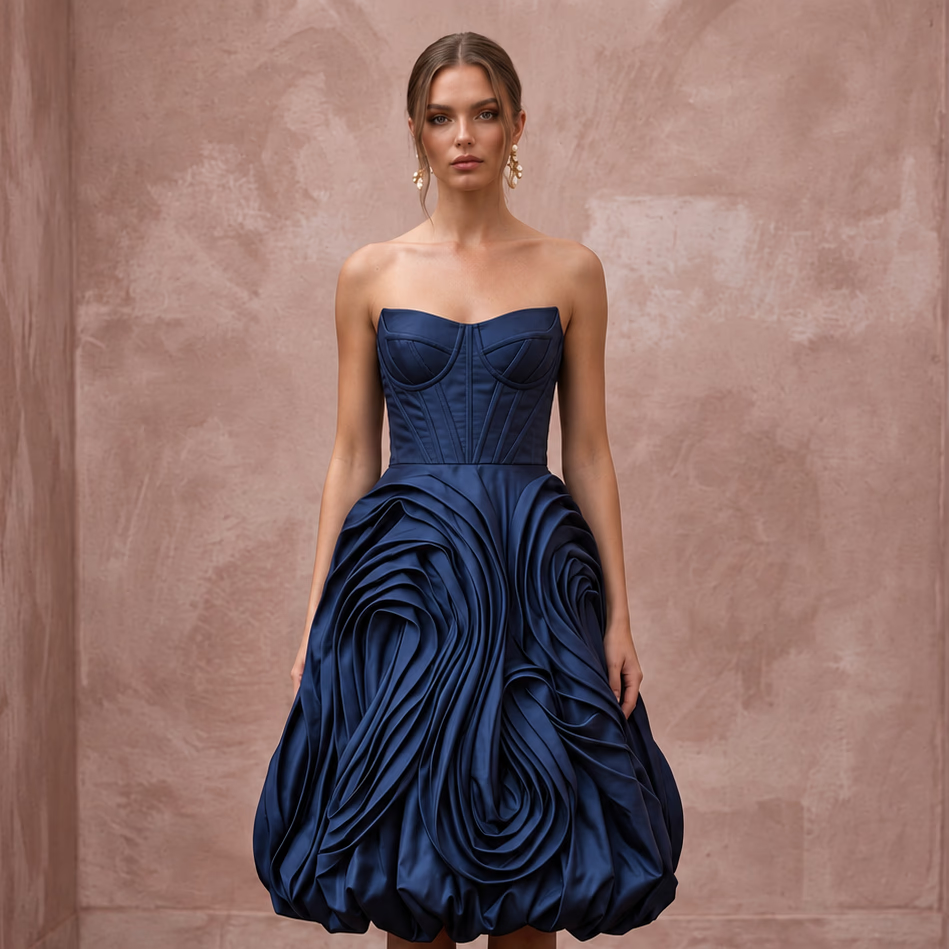 Dark Navy Taffeta Bubble Hem Strapless Cocktail Dress