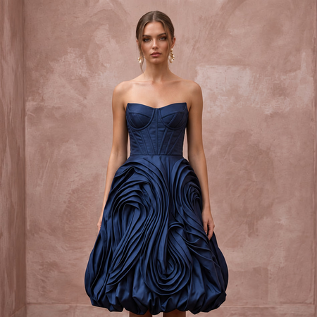 Dark Navy Taffeta Bubble Hem Strapless Cocktail Dress