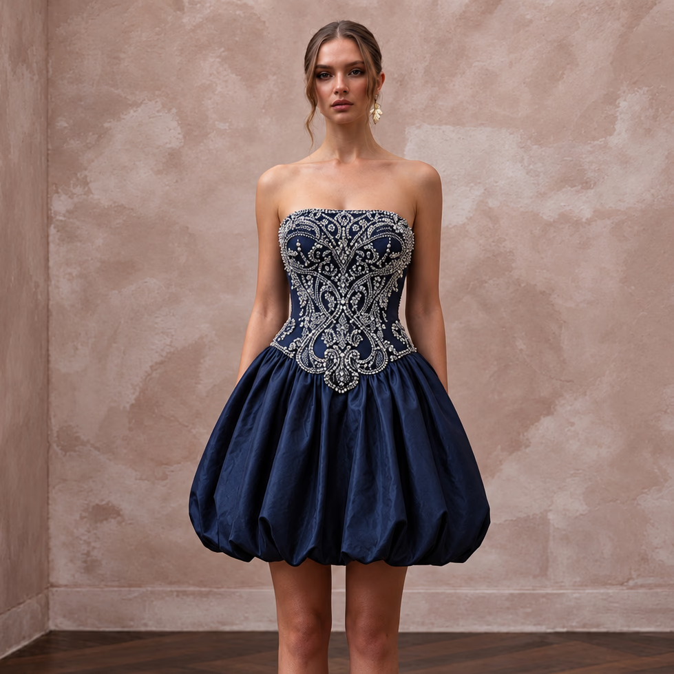 Dark Navy Taffeta Bubble Hem Strapless Cocktail Dress - Apparel & Accessories > Clothing > Wedding & Bridal Party Dresses > Wedding Dresses - Mignonette Bridal