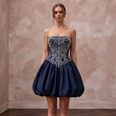 Dark Navy Taffeta Bubble Hem Strapless Cocktail Dress - Apparel & Accessories > Clothing > Wedding & Bridal Party Dresses > Wedding Dresses - Mignonette Bridal