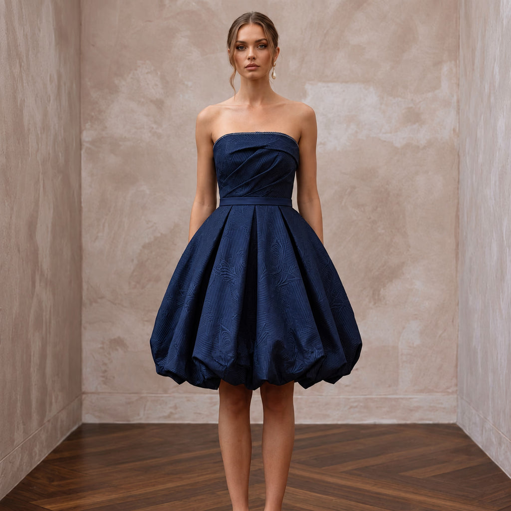 Dark Navy Taffeta Voluminous Bubble Skirt Strapless Cocktail Dress
