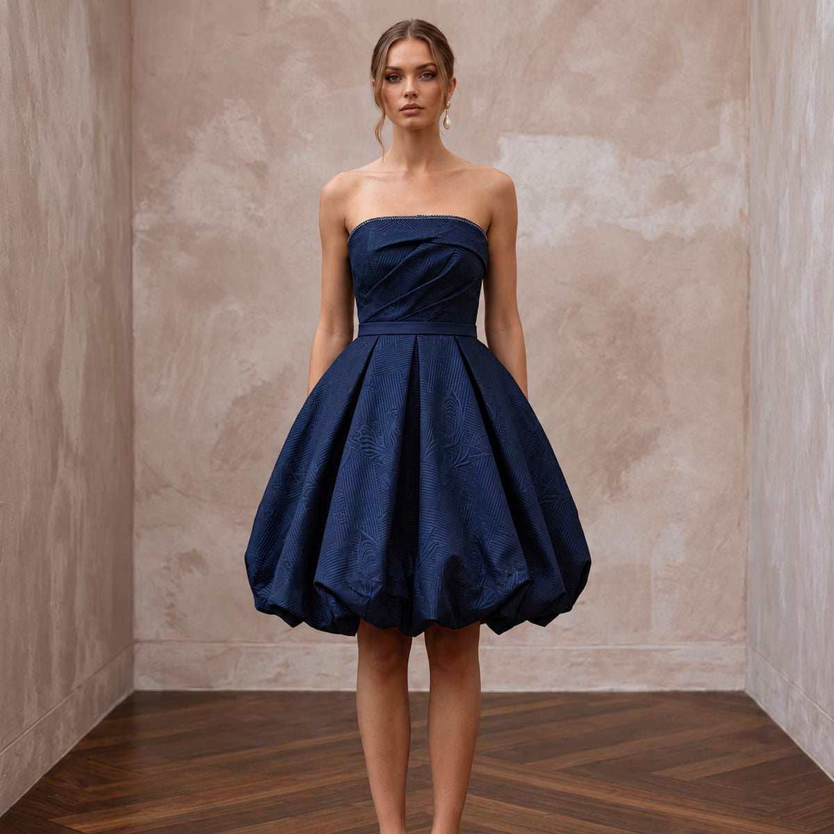 Dark Navy Taffeta Voluminous Bubble Skirt Strapless Cocktail Dress