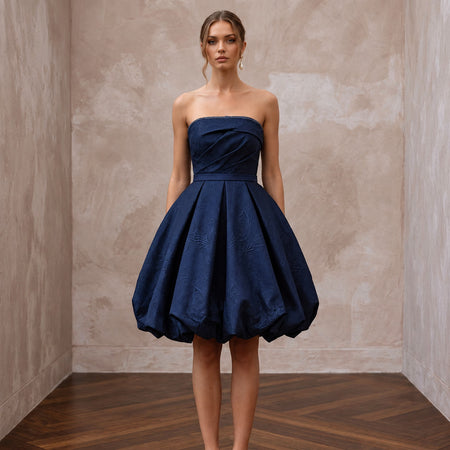Dark Navy Taffeta Voluminous Bubble Skirt Strapless Cocktail Dress