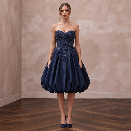 Dark Navy Taffeta Voluminous Bubble Skirt Strapless Cocktail Dress