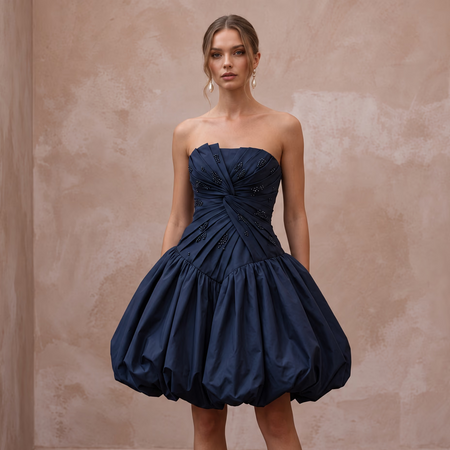 Dark Navy Taffeta Voluminous Bubble Skirt Strapless Cocktail Dress - Apparel & Accessories > Clothing > Wedding & Bridal Party Dresses > Wedding Dresses - Mignonette Bridal
