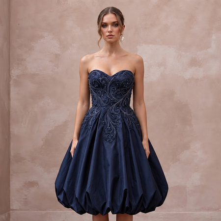 Dark Navy Taffeta Voluminous Bubble Skirt Strapless Cocktail Dress