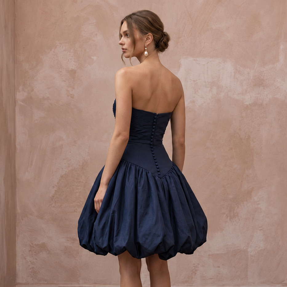 Dark Navy Taffeta Voluminous Bubble Skirt Strapless Cocktail Dress - Apparel & Accessories > Clothing > Wedding & Bridal Party Dresses > Wedding Dresses - Mignonette Bridal