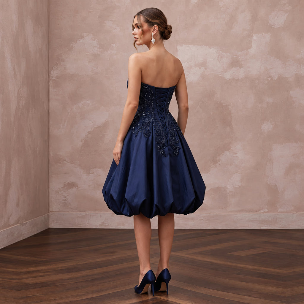 Dark Navy Taffeta Voluminous Bubble Skirt Strapless Cocktail Dress