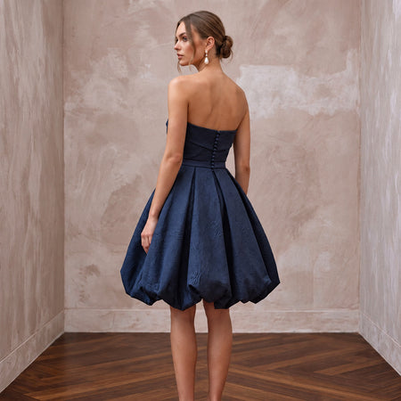 Dark Navy Taffeta Voluminous Bubble Skirt Strapless Cocktail Dress
