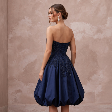 Dark Navy Taffeta Voluminous Bubble Skirt Strapless Cocktail Dress