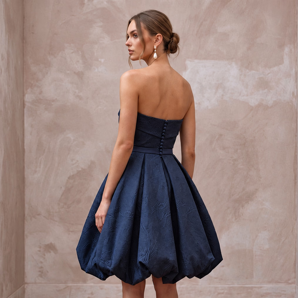 Dark Navy Taffeta Voluminous Bubble Skirt Strapless Cocktail Dress