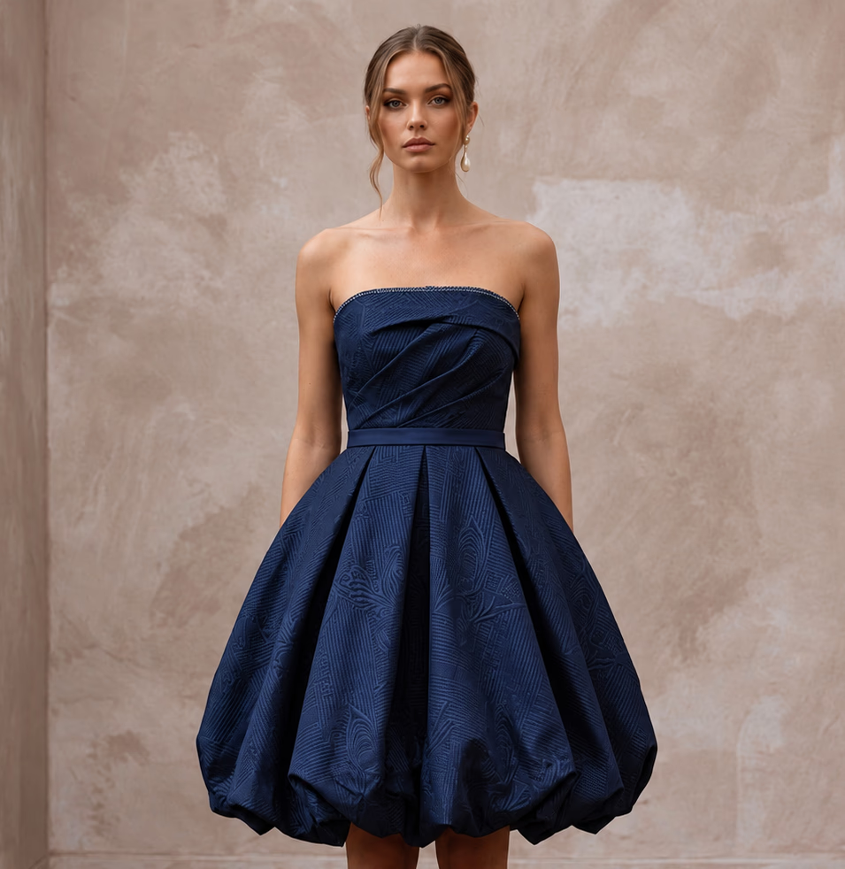 Dark Navy Taffeta Voluminous Bubble Skirt Strapless Cocktail Dress