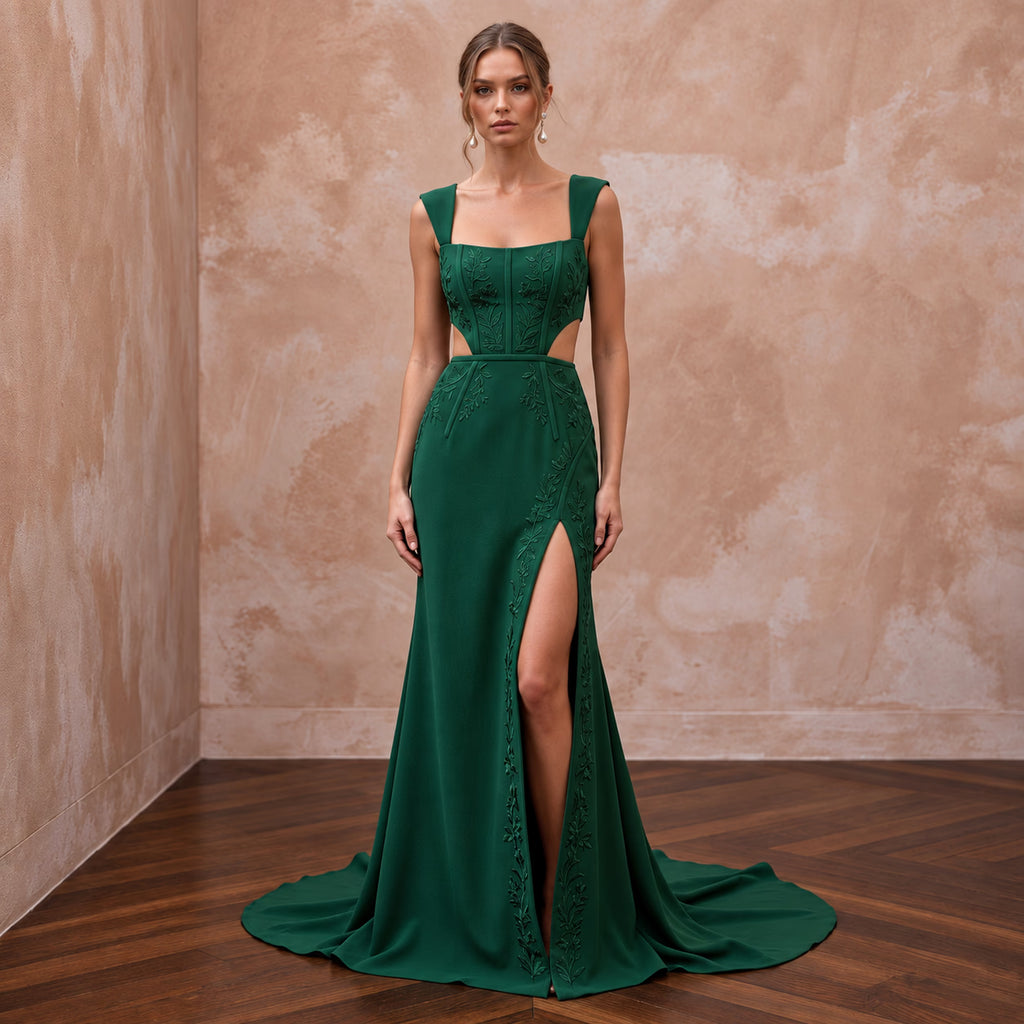 Deep Forest Green Crepe Cut-Out Waist High Slit Formal Dress