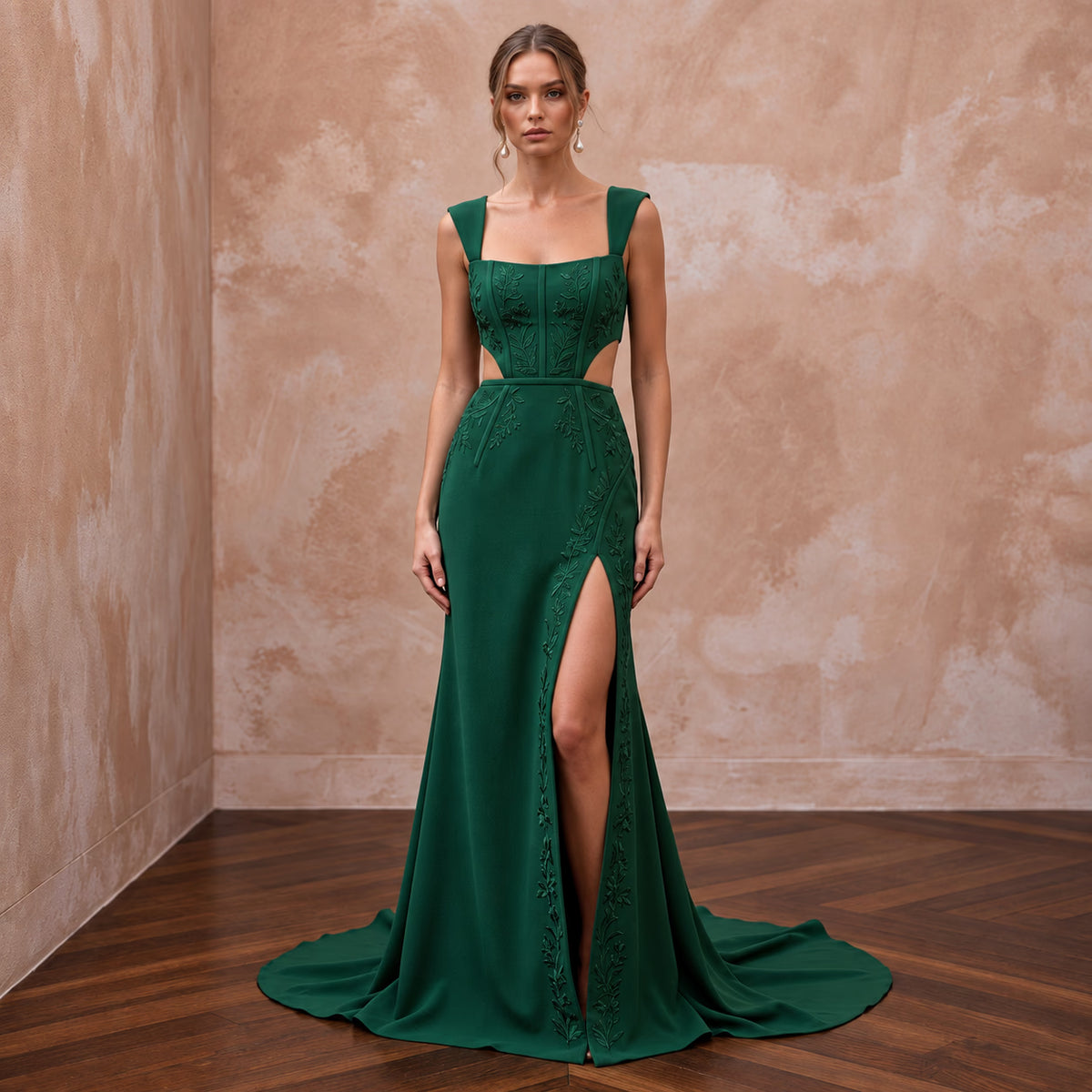 Deep Forest Green Crepe Cut-Out Waist High Slit Formal Dress