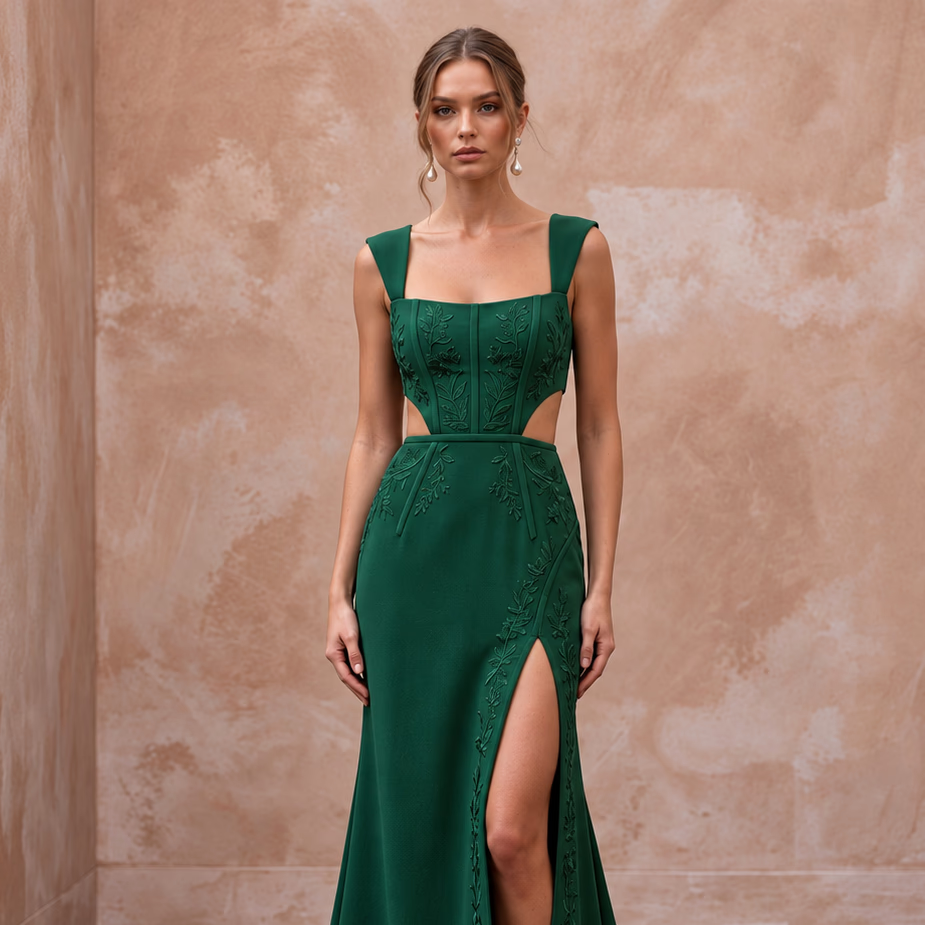 Deep Forest Green Crepe Cut-Out Waist High Slit Formal Dress