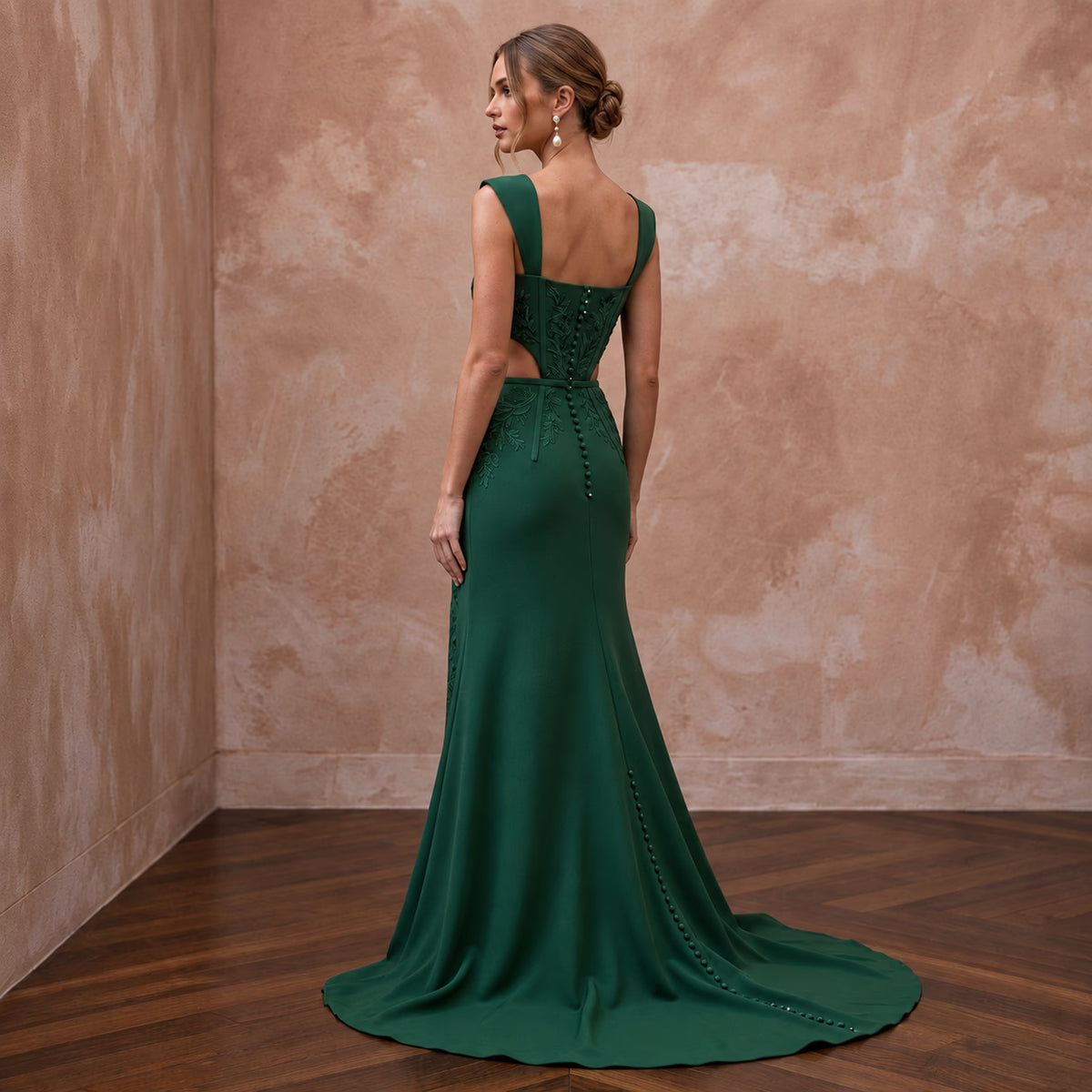 Deep Forest Green Crepe Cut-Out Waist High Slit Formal Dress