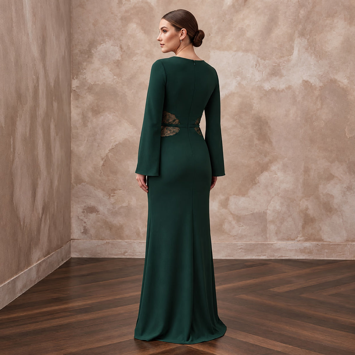 Deep Forest Green Crepe Cut-Out Waist High Slit Formal Dress