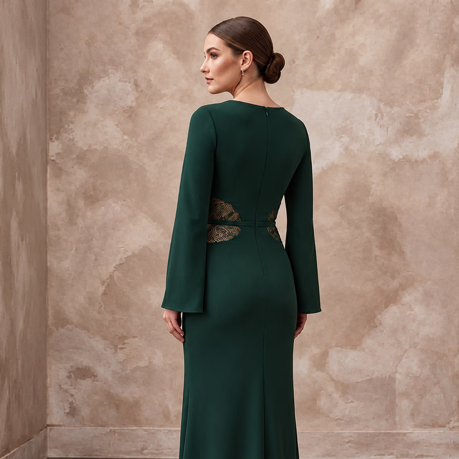 Deep Forest Green Crepe Cut-Out Waist High Slit Formal Dress