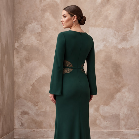 Deep Forest Green Crepe Cut-Out Waist High Slit Formal Dress