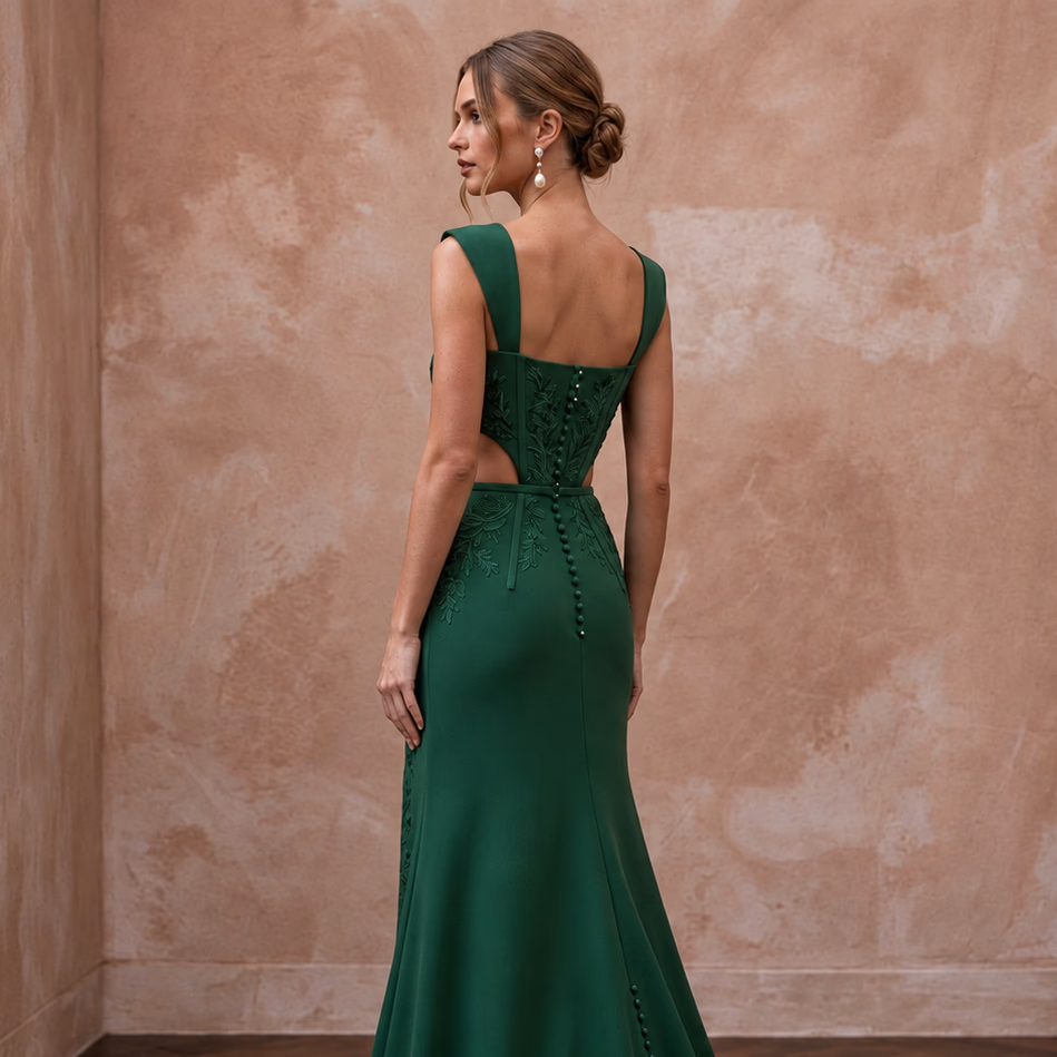 Deep Forest Green Crepe Cut-Out Waist High Slit Formal Dress