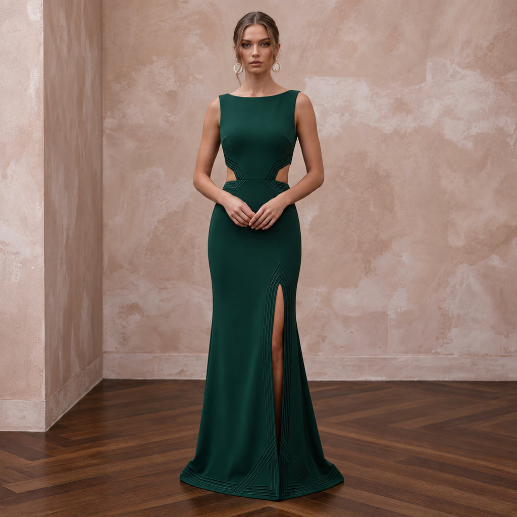 Deep Forest Green Crepe Cut - Out Waist High Slit Formal Gown - Apparel & Accessories > Clothing > Wedding & Bridal Party Dresses > Wedding Dresses - Mignonette Bridal