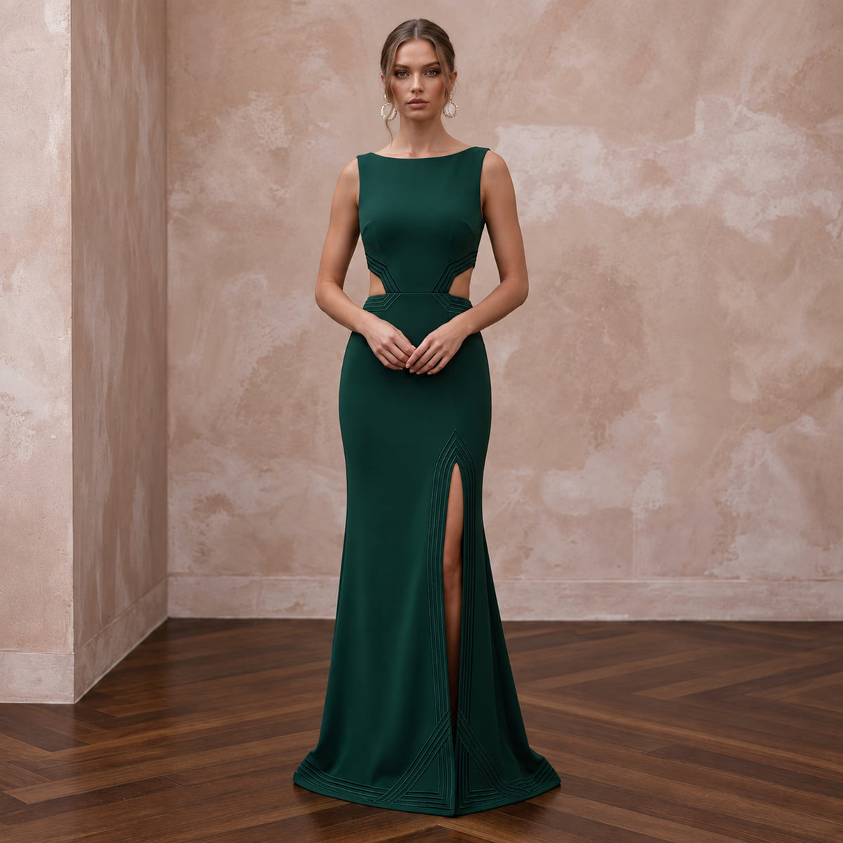 Deep Forest Green Crepe Cut - Out Waist High Slit Formal Gown - Apparel & Accessories > Clothing > Wedding & Bridal Party Dresses > Wedding Dresses - Mignonette Bridal