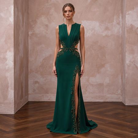Deep Forest Green Crepe Cut-Out Waist High Slit Formal Gown
