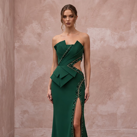 Deep Forest Green Crepe Cut-Out Waist High Slit Formal Gown