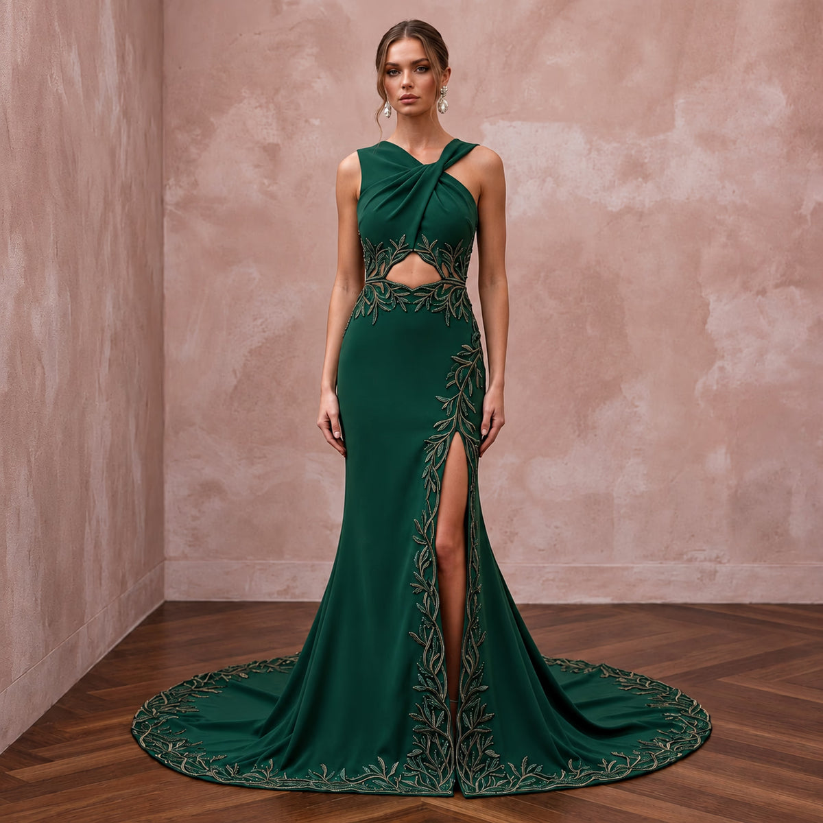 Deep Forest Green Crepe Cut-Out Waist High Slit Formal Gown Main image