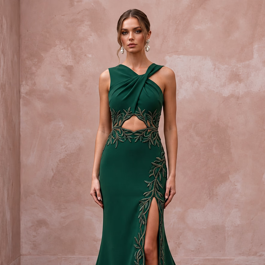 Deep Forest Green Crepe Cut-Out Waist High Slit Formal Gown