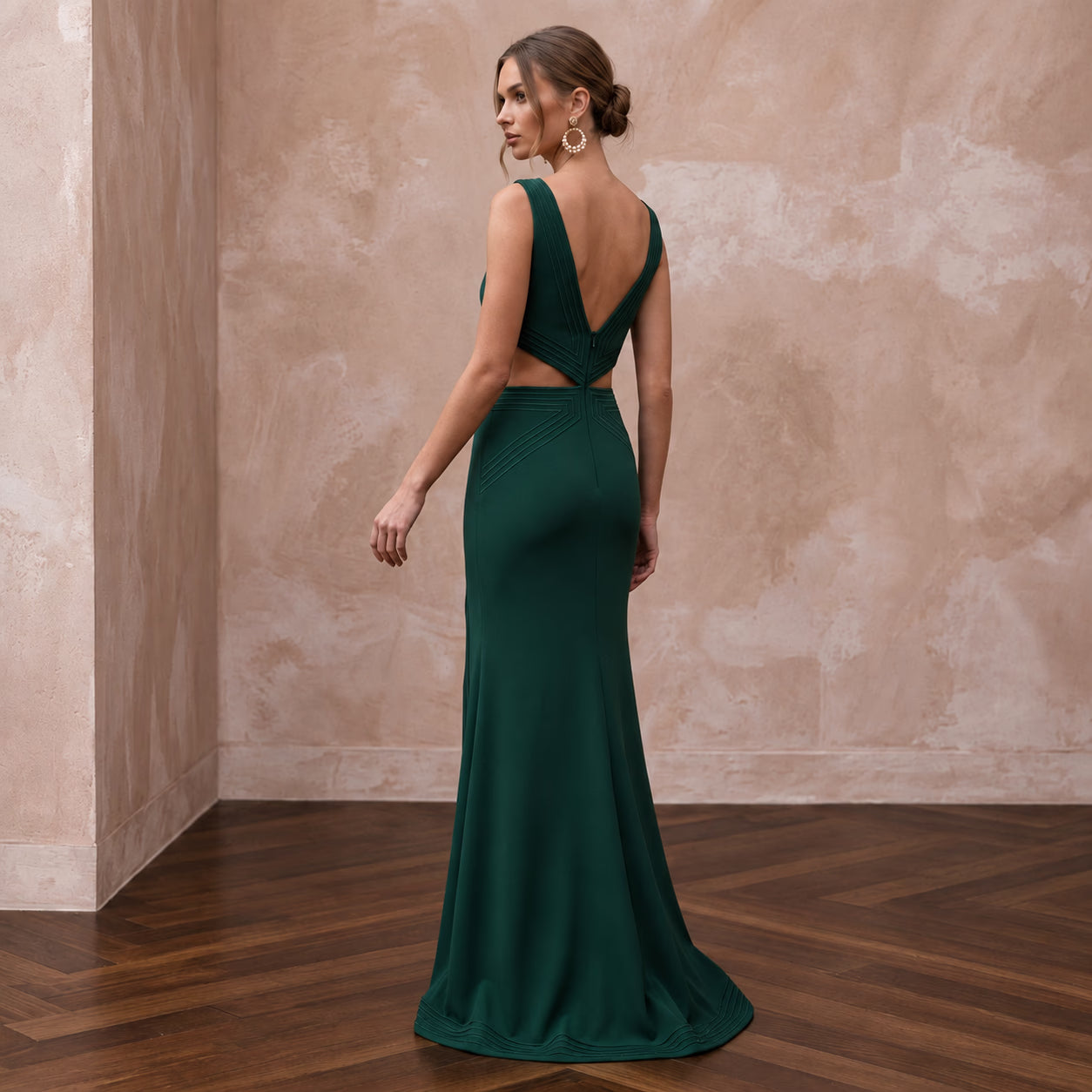 Deep Forest Green Crepe Cut-Out Waist High Slit Formal Gown Secondary image