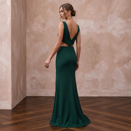 Deep Forest Green Crepe Cut - Out Waist High Slit Formal Gown - Apparel & Accessories > Clothing > Wedding & Bridal Party Dresses > Wedding Dresses - Mignonette Bridal