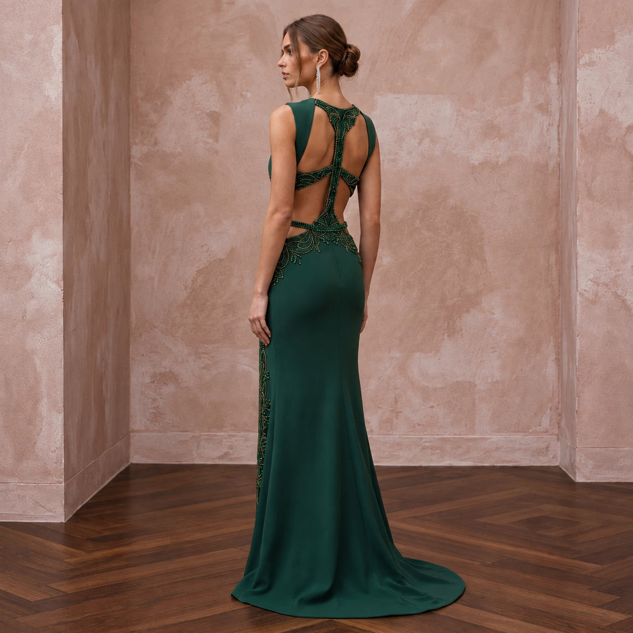 Deep Forest Green Crepe Cut-Out Waist High Slit Formal Gown Secondary image