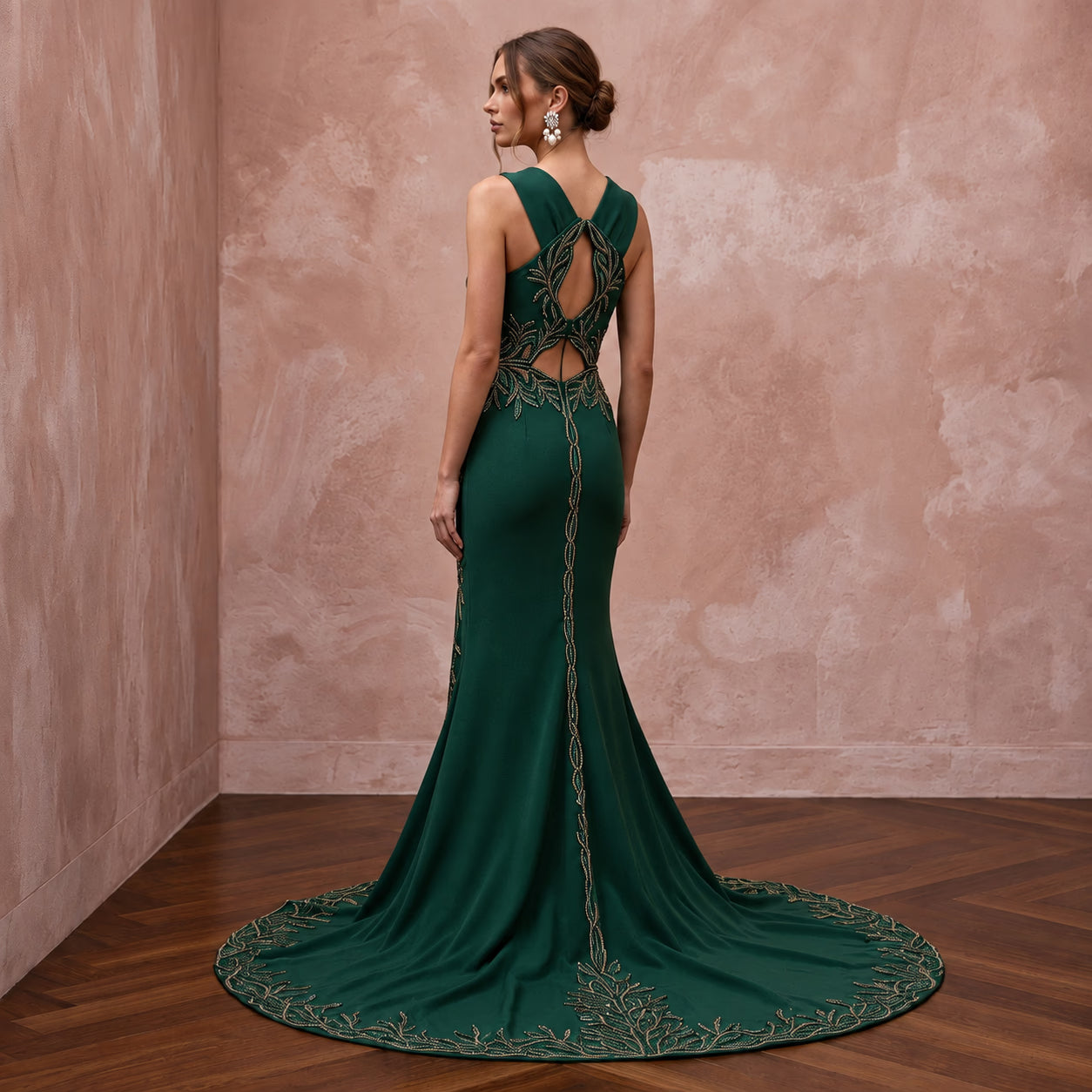Deep Forest Green Crepe Cut-Out Waist High Slit Formal Gown Secondary image