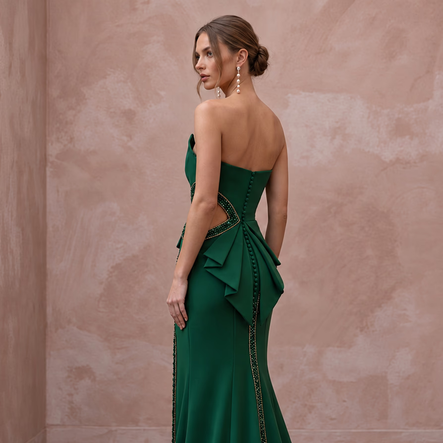 Deep Forest Green Crepe Cut-Out Waist High Slit Formal Gown