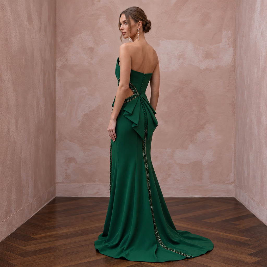 Deep Forest Green Crepe Cut-Out Waist High Slit Formal Gown