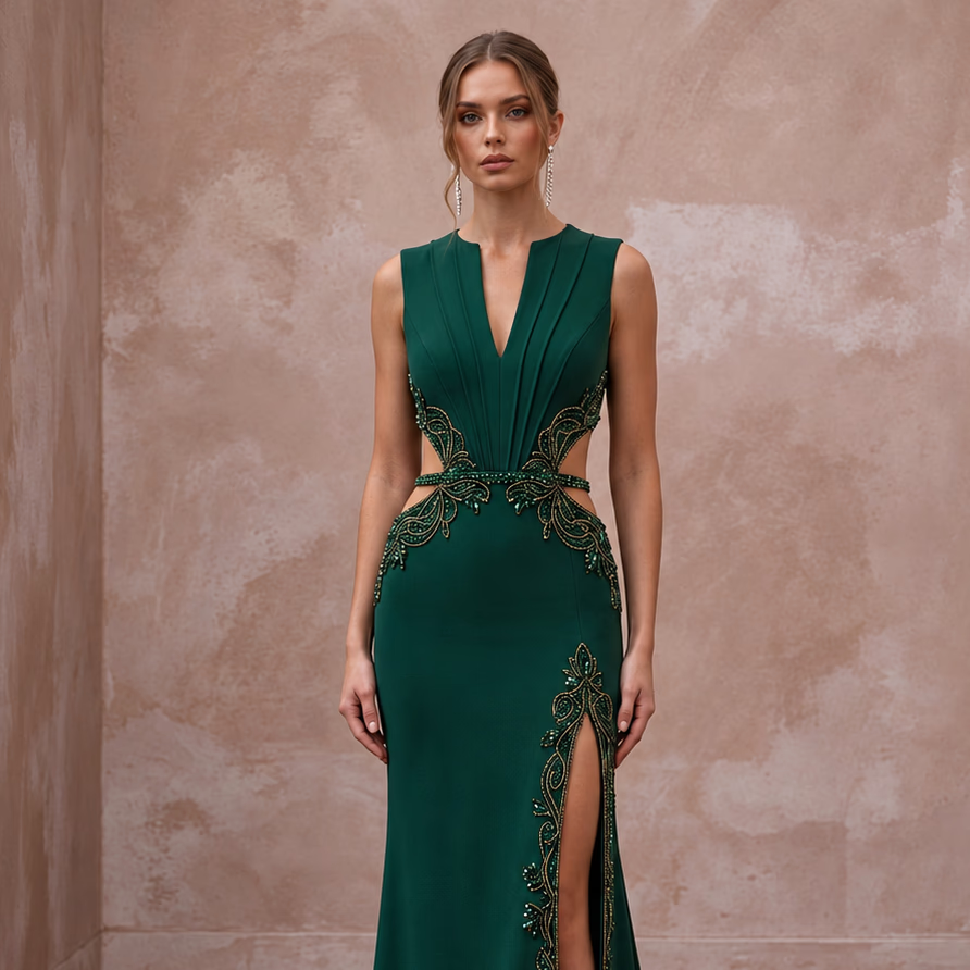 Deep Forest Green Crepe Cut-Out Waist High Slit Formal Gown