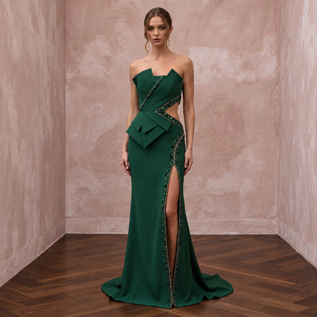 Deep Forest Green Crepe Cut-Out Waist High Slit Formal Gown