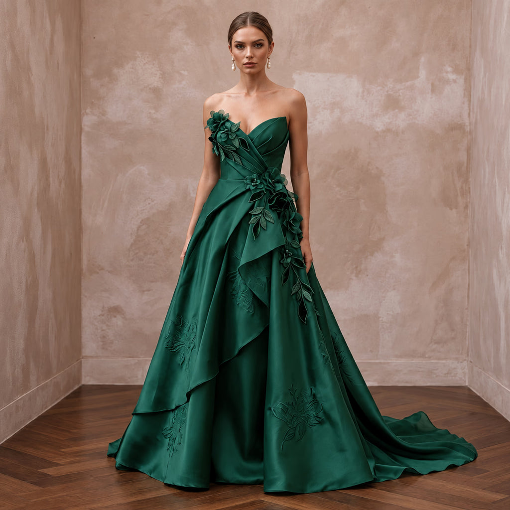 Deep Forest Green Satin Face Organza Strapless A - Line Gown - Apparel & Accessories > Clothing > Wedding & Bridal Party Dresses > Wedding Dresses - Mignonette Bridal