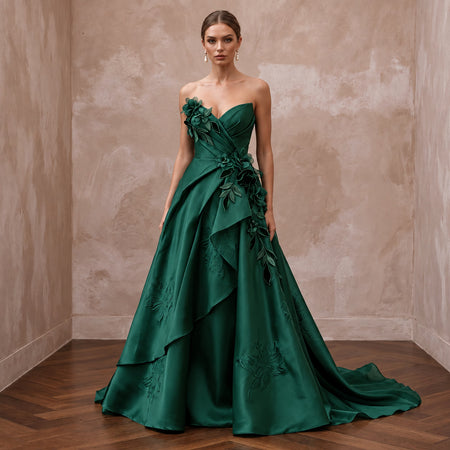 Deep Forest Green Satin Face Organza Strapless A - Line Gown - Apparel & Accessories > Clothing > Wedding & Bridal Party Dresses > Wedding Dresses - Mignonette Bridal