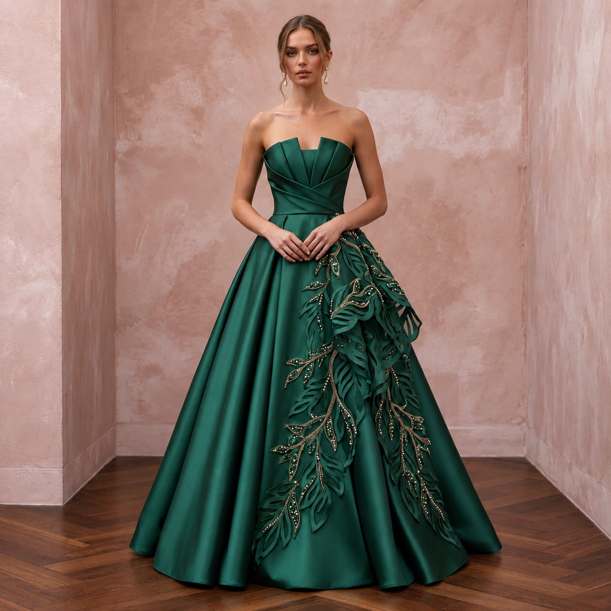 Deep Forest Green Satin Face Organza Strapless A-Line Gown