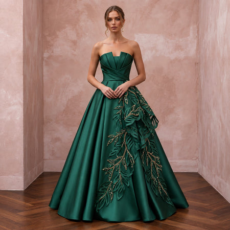 Deep Forest Green Satin Face Organza Strapless A-Line Gown