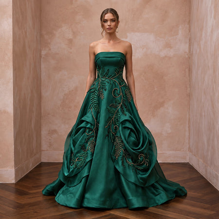 Deep Forest Green Satin Face Organza Strapless A-Line Gown