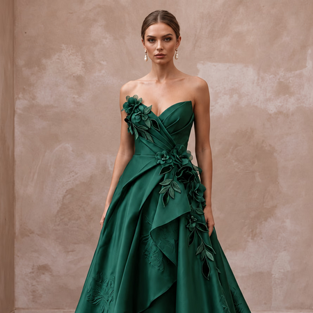 Deep Forest Green Satin Face Organza Strapless A - Line Gown - Apparel & Accessories > Clothing > Wedding & Bridal Party Dresses > Wedding Dresses - Mignonette Bridal