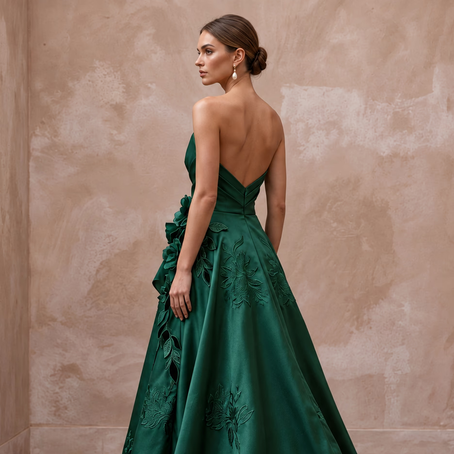 Deep Forest Green Satin Face Organza Strapless A - Line Gown - Apparel & Accessories > Clothing > Wedding & Bridal Party Dresses > Wedding Dresses - Mignonette Bridal