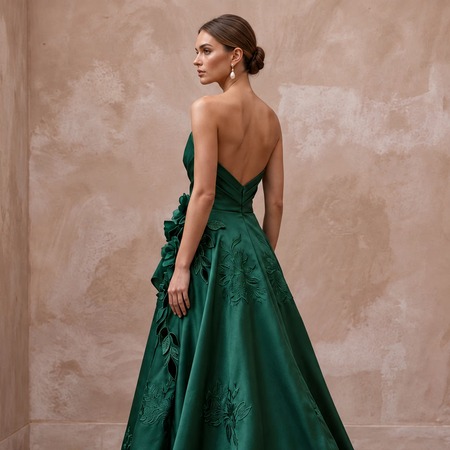 Deep Forest Green Satin Face Organza Strapless A - Line Gown - Apparel & Accessories > Clothing > Wedding & Bridal Party Dresses > Wedding Dresses - Mignonette Bridal