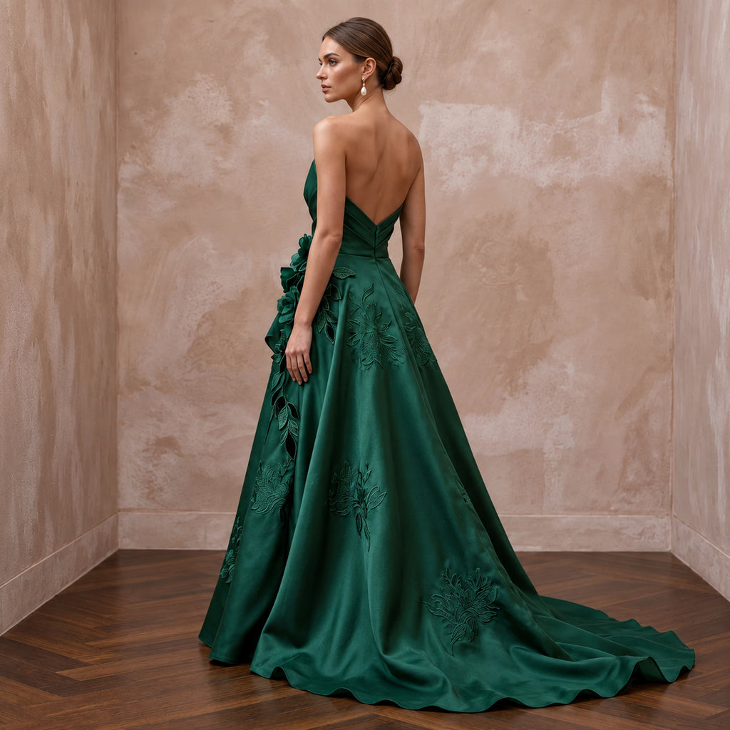 Deep Forest Green Satin Face Organza Strapless A - Line Gown - Apparel & Accessories > Clothing > Wedding & Bridal Party Dresses > Wedding Dresses - Mignonette Bridal