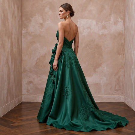 Deep Forest Green Satin Face Organza Strapless A - Line Gown - Apparel & Accessories > Clothing > Wedding & Bridal Party Dresses > Wedding Dresses - Mignonette Bridal