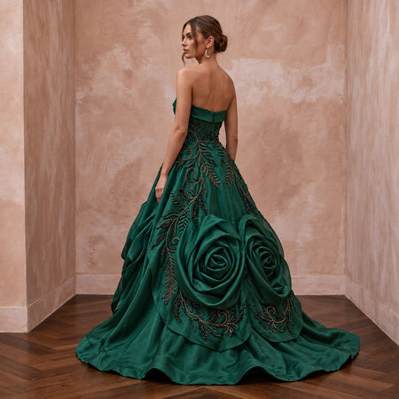 Deep Forest Green Satin Face Organza Strapless A-Line Gown