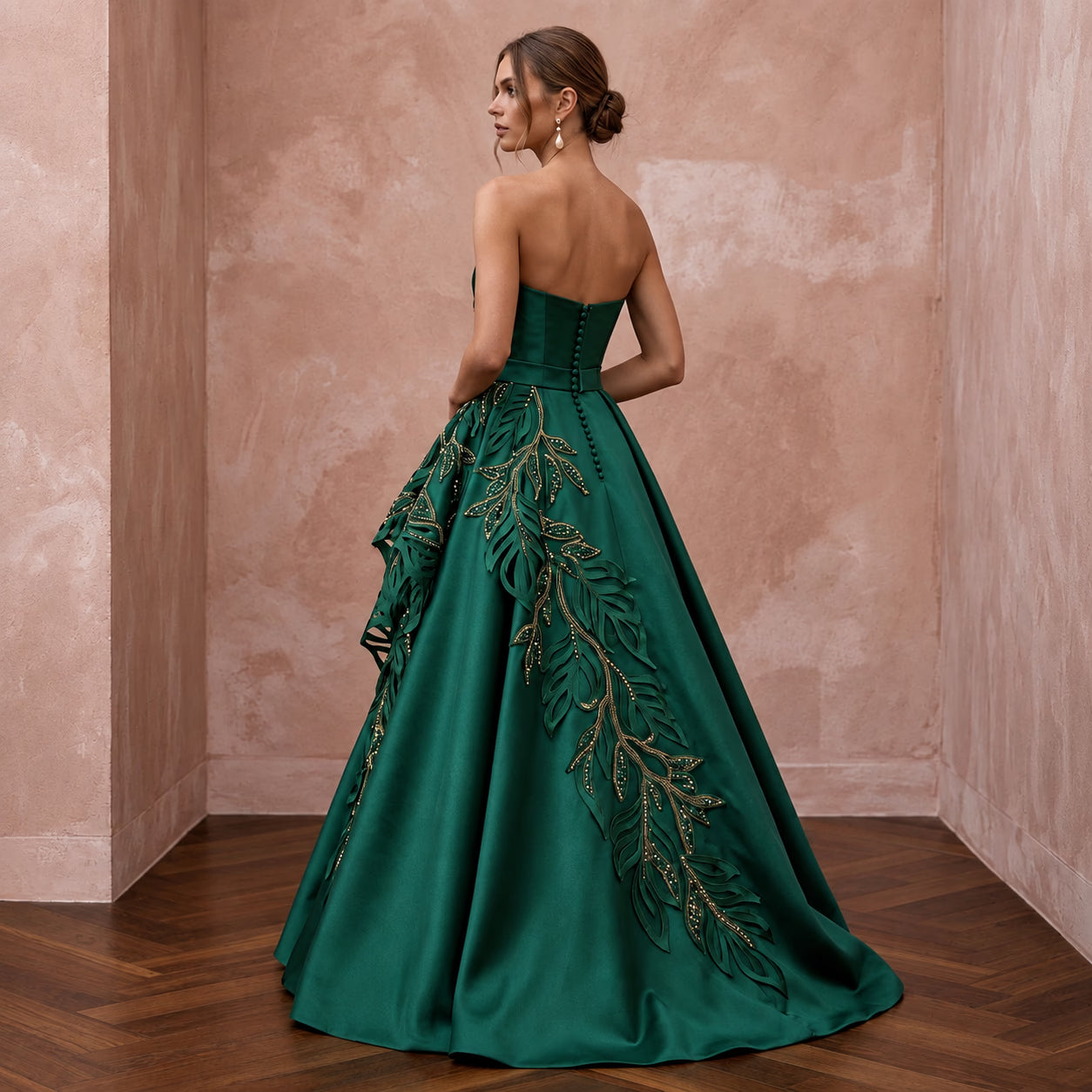 Deep Forest Green Satin Face Organza Strapless A-Line Gown Secondary image